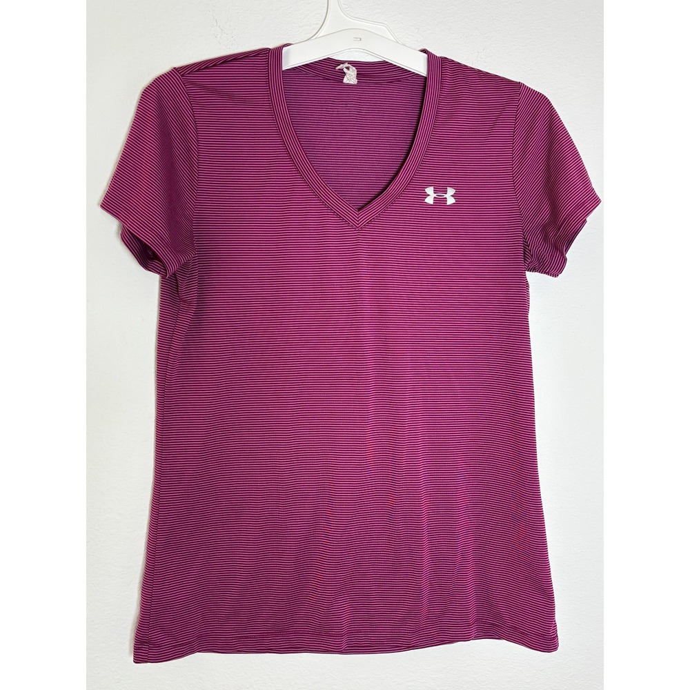 Under Armour Womens V-Neck HeatGear Athletic Shirt Purple Striped Short Sleeve M